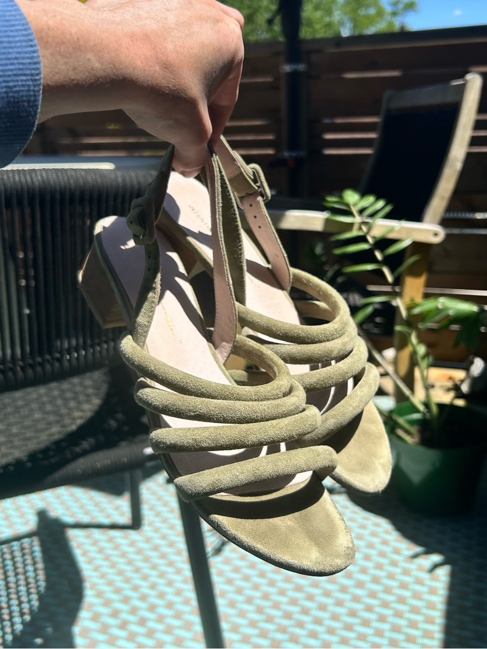 INTENTIONALLY BLANK Olive Suede Strappy Heel Sandals 10